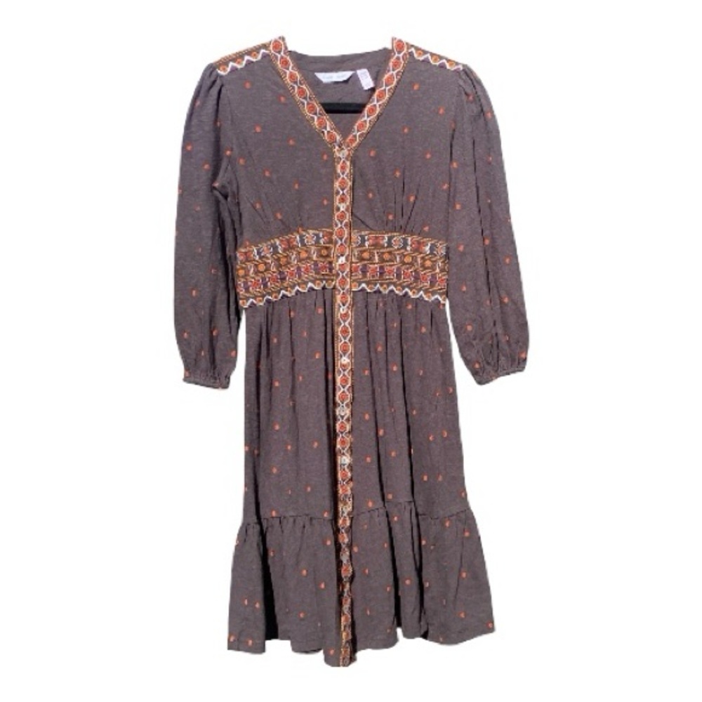 Denim & Co Canyon Retreat Button Down Midi Dress Brown with Embroidery XXSP - Picture 2 of 12